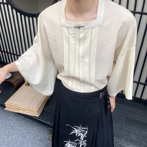夏季新中式方领中袖男女衬衣复古风汉服衬衫3573P95图片