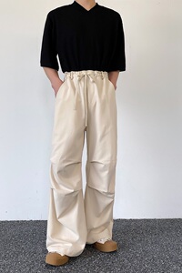 潮流褶皱抽绳设计直筒阔腿工装裤复古亚麻宽松休闲长裤2572P75图片
