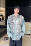 潮流原创缎面亮片拼接翻领长袖衬衣个性发型师舞台装5246P105，男装衬衫，电商A246