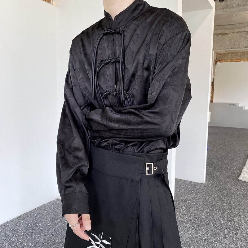 秋季中式手工盘扣立领长袖男女衬衣潮流复古缎面提花衬衫2589P85,男装衬衫,电商A246