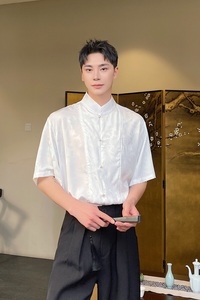 夏季新中式缎面提花立领短袖男女衬衣风禅意休闲衬衫3571P85图片
