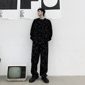 早春个性烫钻闪耀星光丝绒休闲宽松长裤A261-6809-P58图片