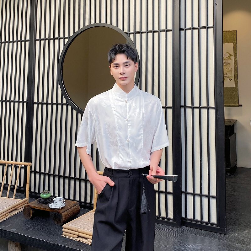 夏季新中式缎面提花立领短袖男女衬衣风禅意休闲衬衫3571P85图片