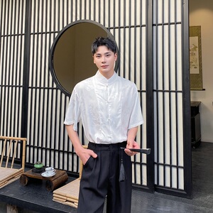 夏季新中式缎面提花立领短袖男女衬衣风禅意休闲衬衫3571P85图片