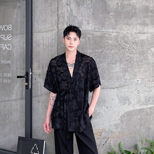 夏季新中式绑带设计男女短袖衬衣风禅意薄纱休闲衬衫9779P80图片
