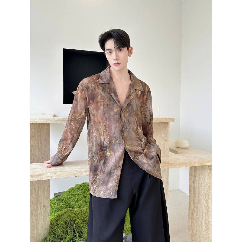 潮流复古个性褶皱扎染刺绣翻领长袖男女衬衣3590P85，男装衬衫，电商A246