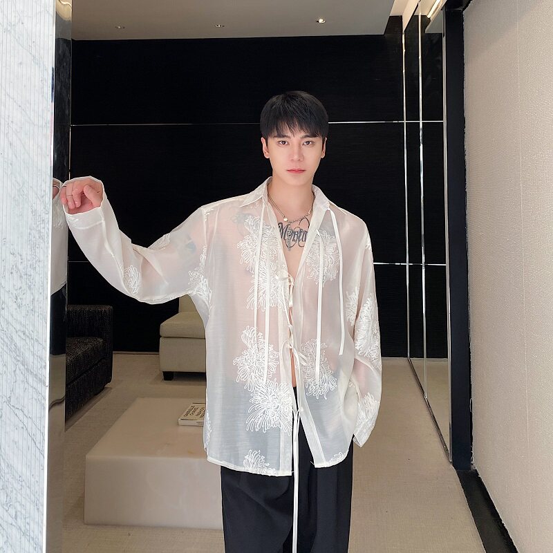 春夏新款欧根纱绣花翻领系带长袖男女衬衣个性潮流衬衫3566P95图片