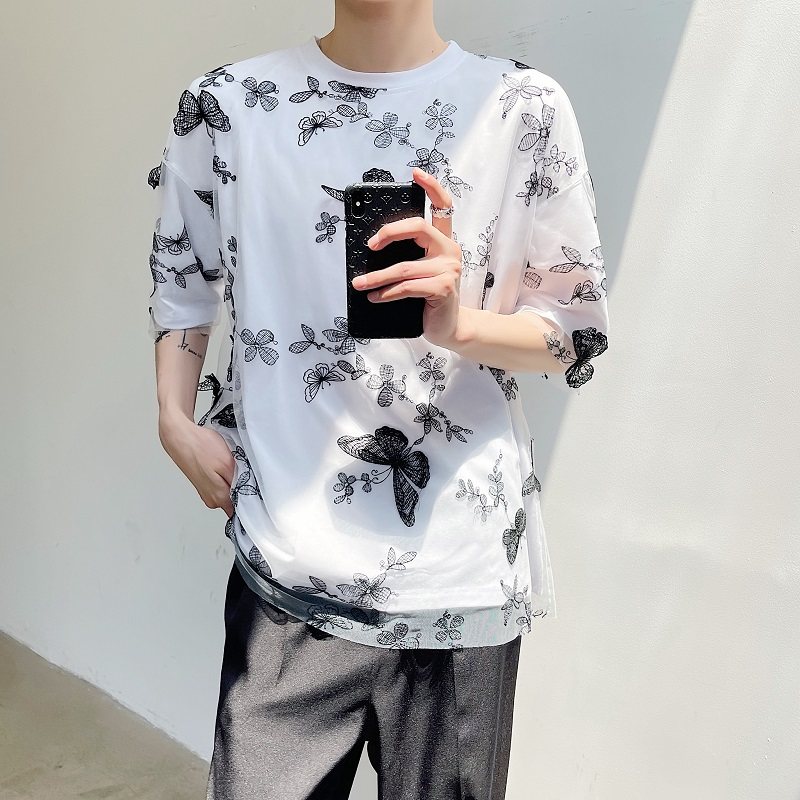 夏季原创个性蝴蝶刺绣网纱针织双层圆领气质潮流短袖2392-P75,男装T恤,电商A246
