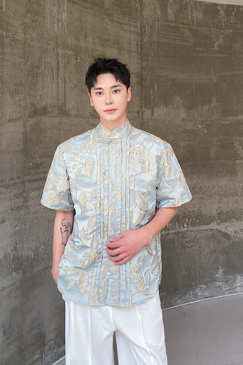 设计款锦缎立体提花盘扣立领短袖衬衣风衬衣A246-6815-P95,男装衬衫,电商A246