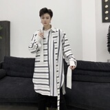 原创暗黑小众拼接条纹长款飘带气质长袖衬衣6805-P85，男装衬衫，电商A246
