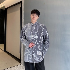 秋季丝绒绣亮片立领长袖男女衬衣复古休闲宽松衬衫3553P115图片