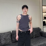 夏季个性绑带设计弹力罗纹圆领背心潮流痞帅无袖坎肩5251P55，男装背心/马甲，电商A246