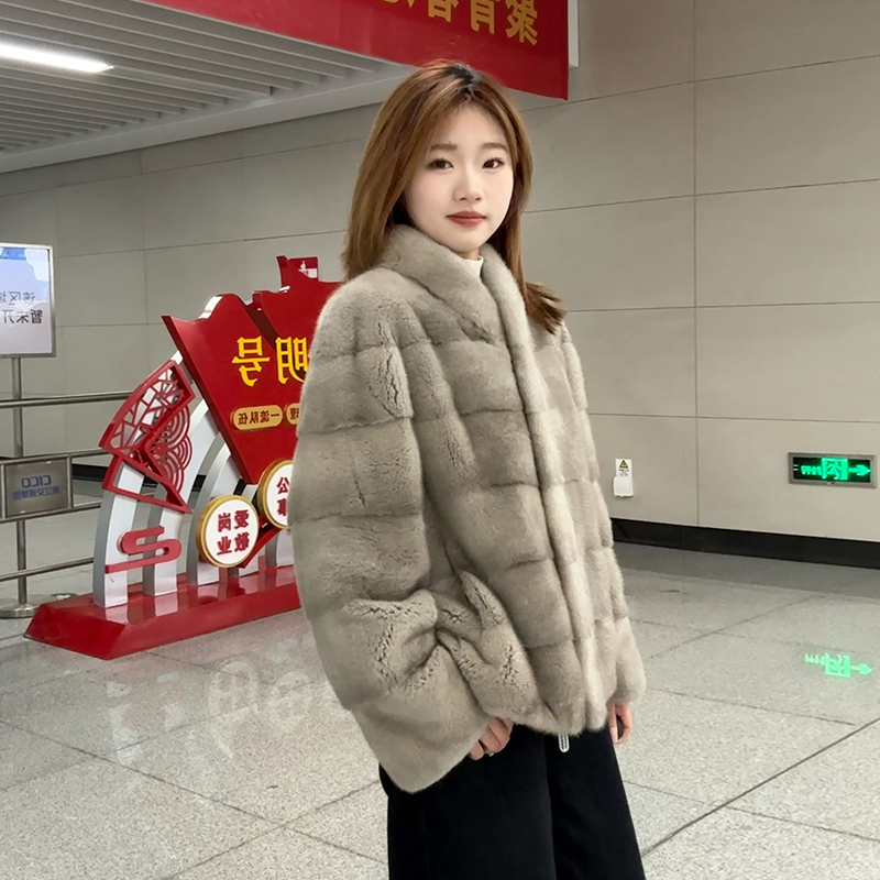 进口紫金短二水貂皮草整貂立领横排貂皮大衣女短款外套海宁