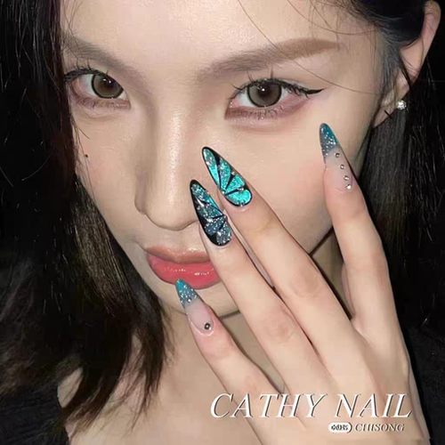 纯手工美甲辣妹蝴蝶美甲猫眼闪亮鸳鸯蹦迪欧美法式穿戴甲