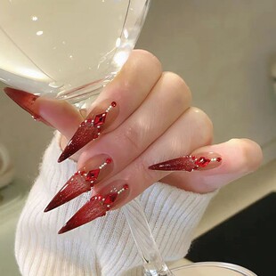指甲贴片成品新年战甲婚甲 纯手工穿戴甲美甲红色爆闪超长款