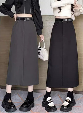 黑色西装半身裙女2025新款春秋爆款高腰显瘦A字开叉气质百搭裙子