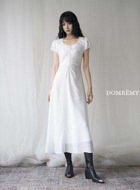 Domremy十五世夏法式绝美小个子长裙白色薄纱精致得体修身连衣裙