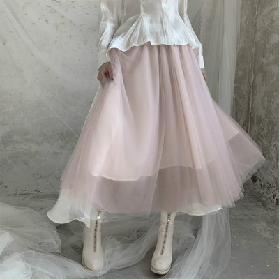 秋季小众脏粉色网纱优雅仙女半裙