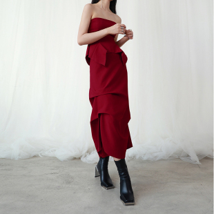 Domremy十五世设计感上衣圣诞新年年会订婚礼服酒红色系带抹胸女