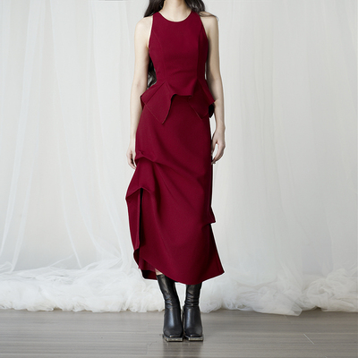 Domremy十五世酒红色设计感订婚敬酒圣诞年会礼服御姐漏肩女上衣