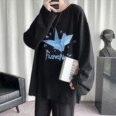 衫 T恤简约潮牌打底宽松青春 春秋季 港风印花ins长袖 纸鹤男流行时尚