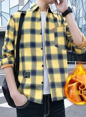 加绒加厚格子衬衫男长袖宽松外套韩版潮牌打底保暖衬衣休闲寸衫潮