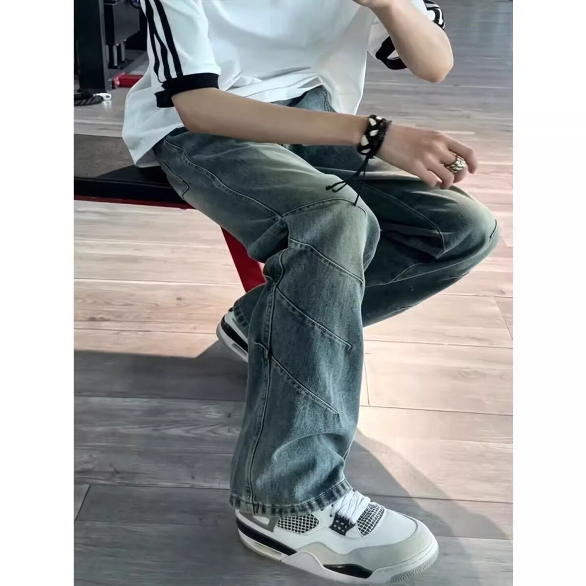 个性涂鸦泼墨弯刀牛仔裤男款潮牌痞帅炸街阔腿裤宽松休闲直筒裤子图片