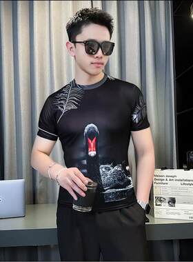 2025年夏季新款3D天鹅立体动物图案男女短袖t恤潮流半袖上衣