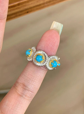 中古vintage松石拉丝戒指女精致