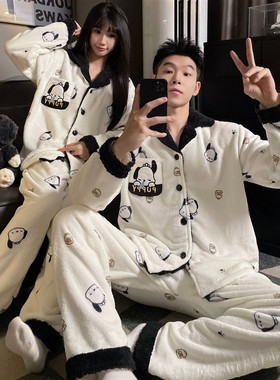 卡通帕恰狗珊瑚绒情侣睡衣女冬季加厚保暖法兰绒男士家居服冬天