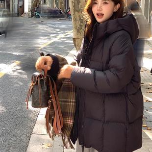 黑色羽绒服女中长款2025年冬季云朵泡芙连帽棉服外套显瘦小个子潮