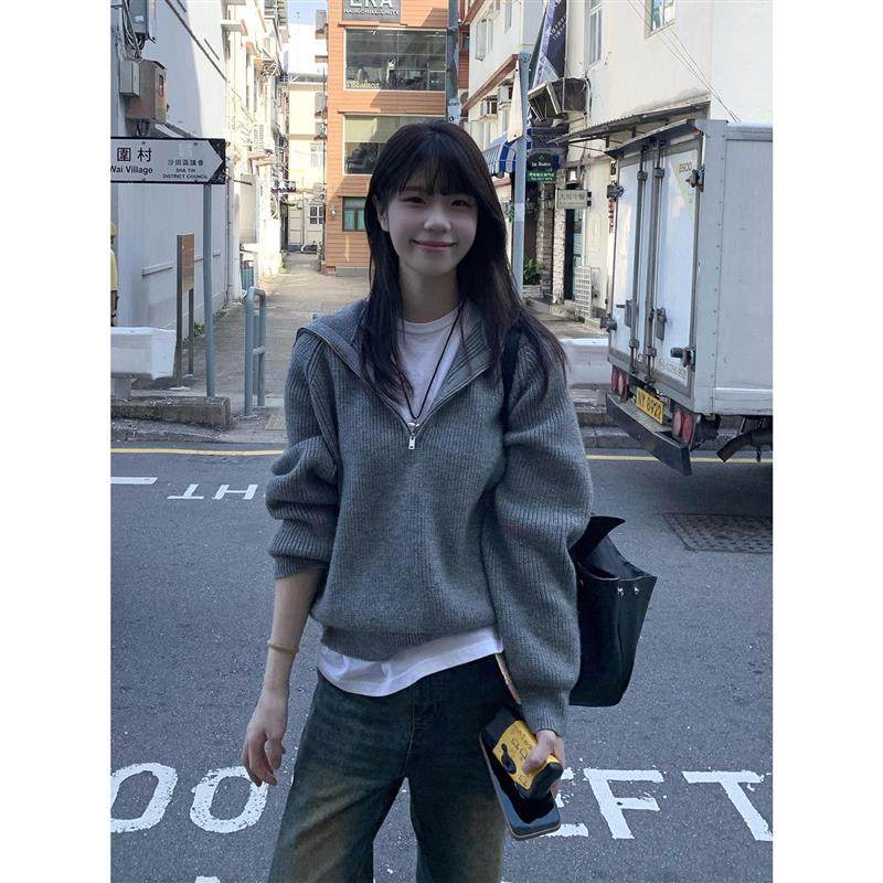 韩系复古半拉链连帽外穿毛衣女春秋冬宽松显瘦慵懒学院风针织衫潮