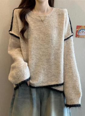 宽松慵懒灰色毛衣女装秋冬2025新款大码胖mm高级不规则针织衫上衣