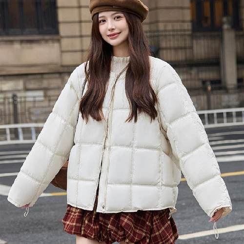 泡芙羽绒棉服女短款2025年新款韩版宽松云朵方格圆领轻薄棉袄外套