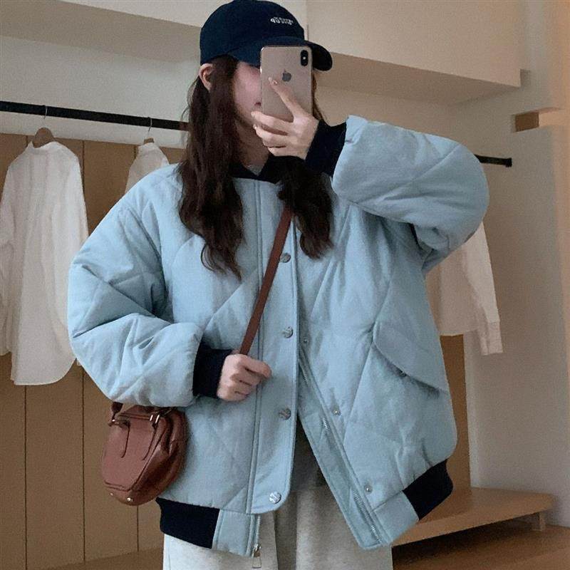 学院风棒球服圆领菱格蓝色棉服女秋冬季轻薄短款宽松加厚棉衣外套