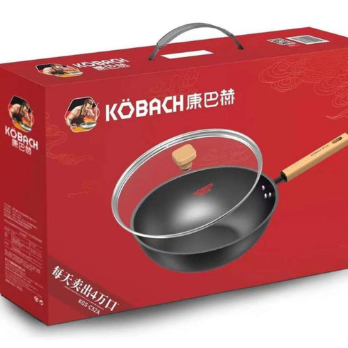 康巴赫炒锅无涂层深层氮化防锈32cm平底铁锅爆款送礼家用铁锅正品