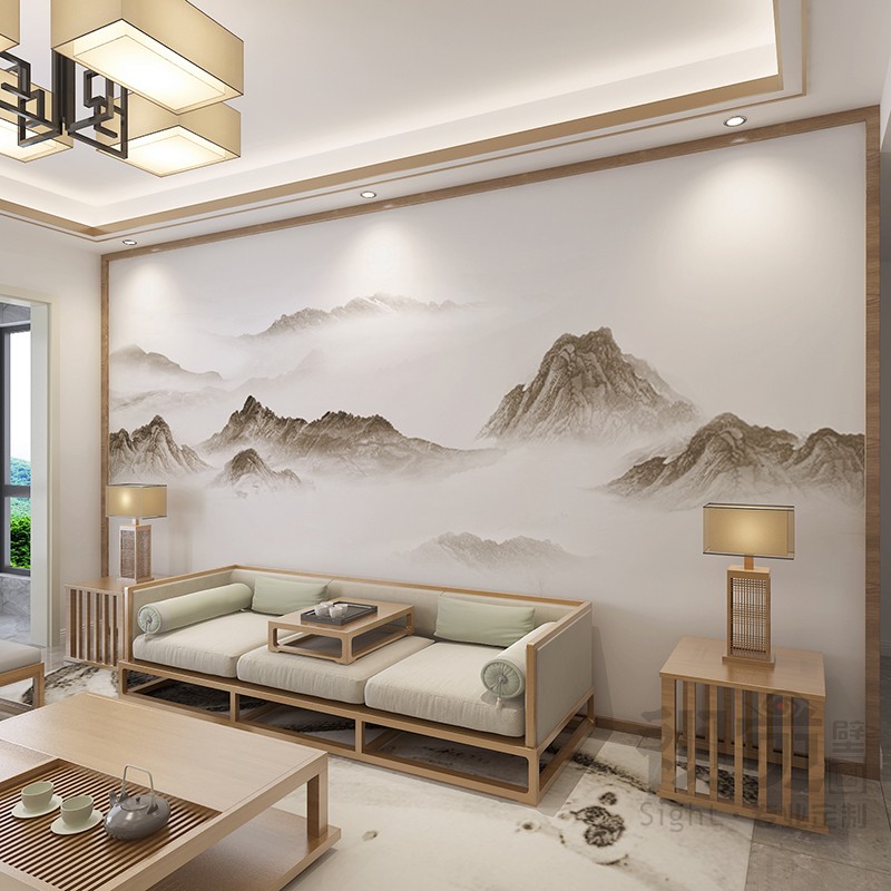 客厅新中式水墨画无缝墙布电视背景墙壁画沙发卧室壁纸包厢壁布