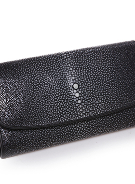 新款黑色全磨珠珍珠鱼皮钱包 珍珠鱼皮 泰国ROTA女士厚长款钱夹大