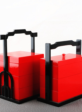 日式木质三层便当盒长方形手提木盒红色手提盒创意月饼盒料理木盒