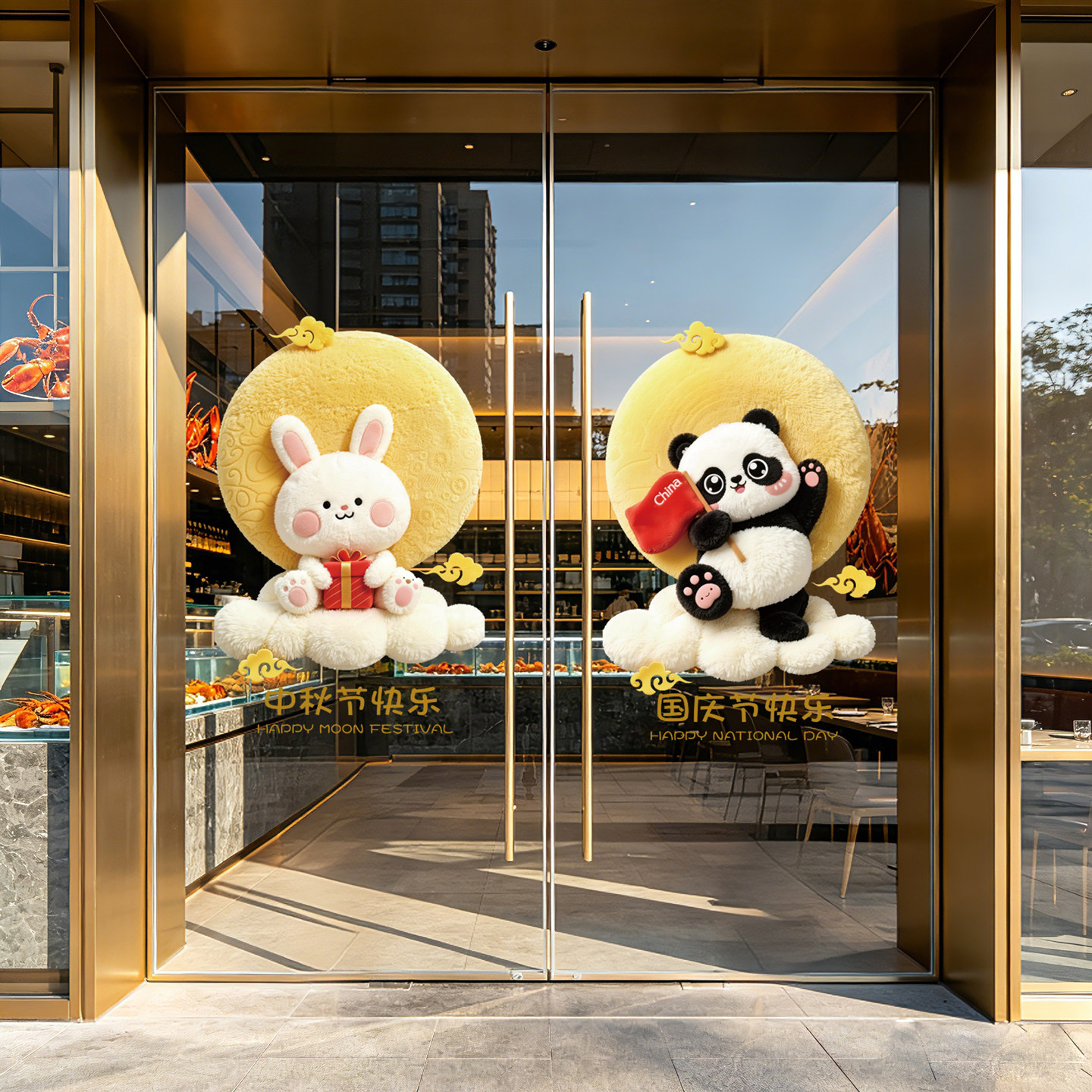 中秋国庆节卡通熊猫兔子贴画店铺橱窗玻璃门静电贴纸氛围装饰窗花