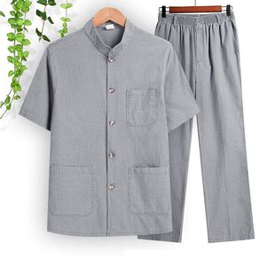 亚麻套装男士夏季薄款爸爸中老年人宽松棉麻衣服爷爷短袖夏装上衣