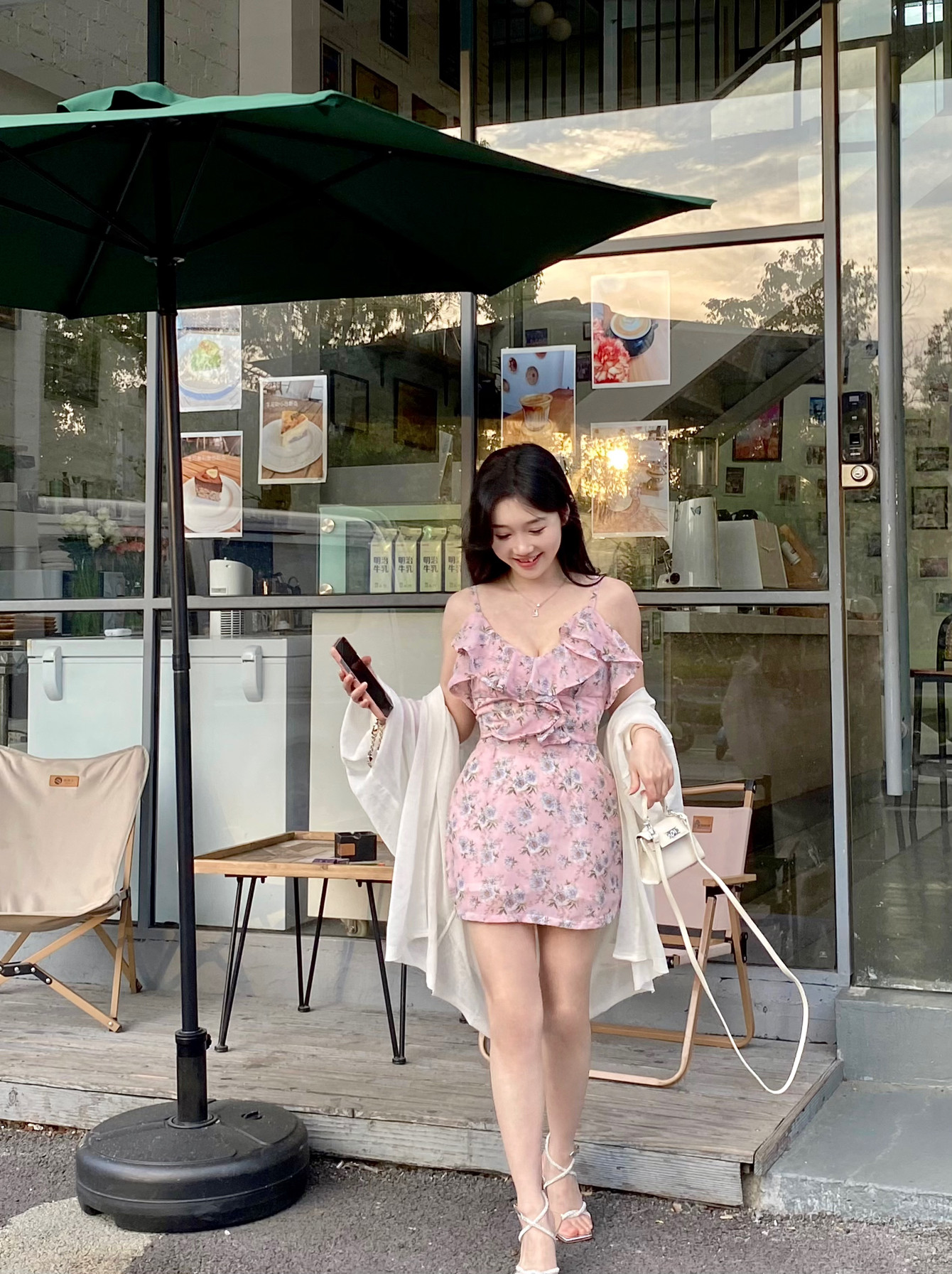 HOEOYEAN唤翼小个子韩女雪纺印花吊带连衣裙短裙冰丝防晒开衫