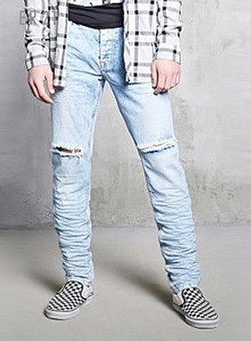 F21系列正品时尚破洞磨白小脚潮男牛仔裤238842