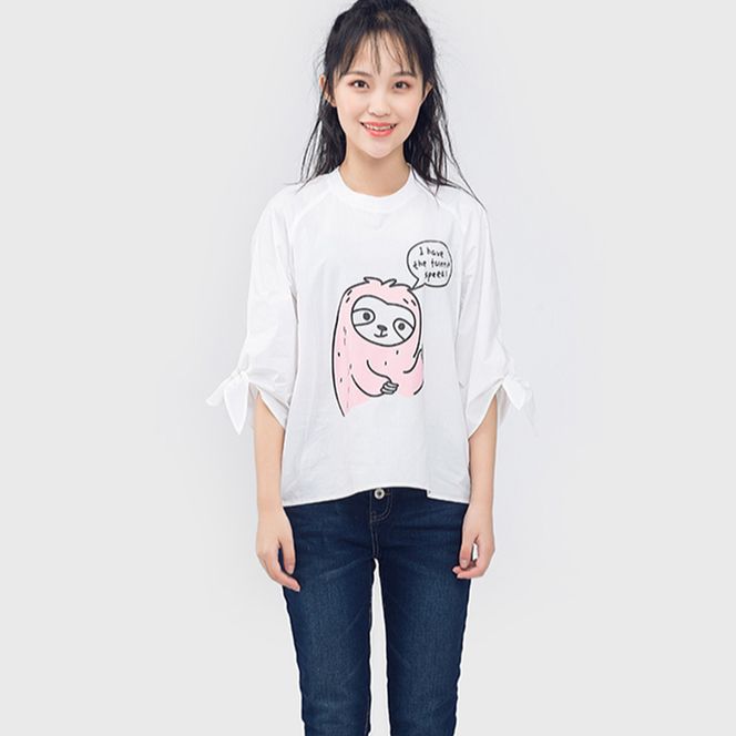 包邮艾格伊品专柜正品可爱圆领卡通宽松白衬衫女春夏秋 8E0314080