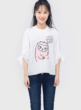 包邮艾格伊品专柜可爱圆领卡通宽松白衬衫女春夏秋 8E0314080