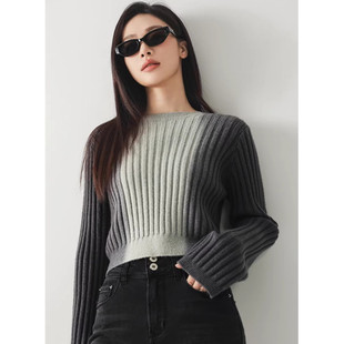 Mixblu麦斯兰专柜正品休闲圆领条纹短款针织衫毛衣女春秋WW161021