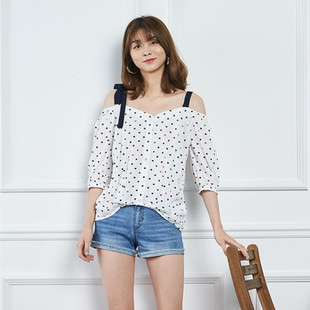 春秋夏 清凉女衬衫 8E0214064 波点露肩绑带七分袖 艾格伊品专柜正品