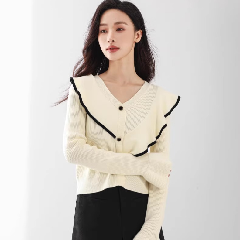 Mixblu麦斯兰专柜正品女装荷叶边喇叭袖V领针织衫女春秋 WW161171