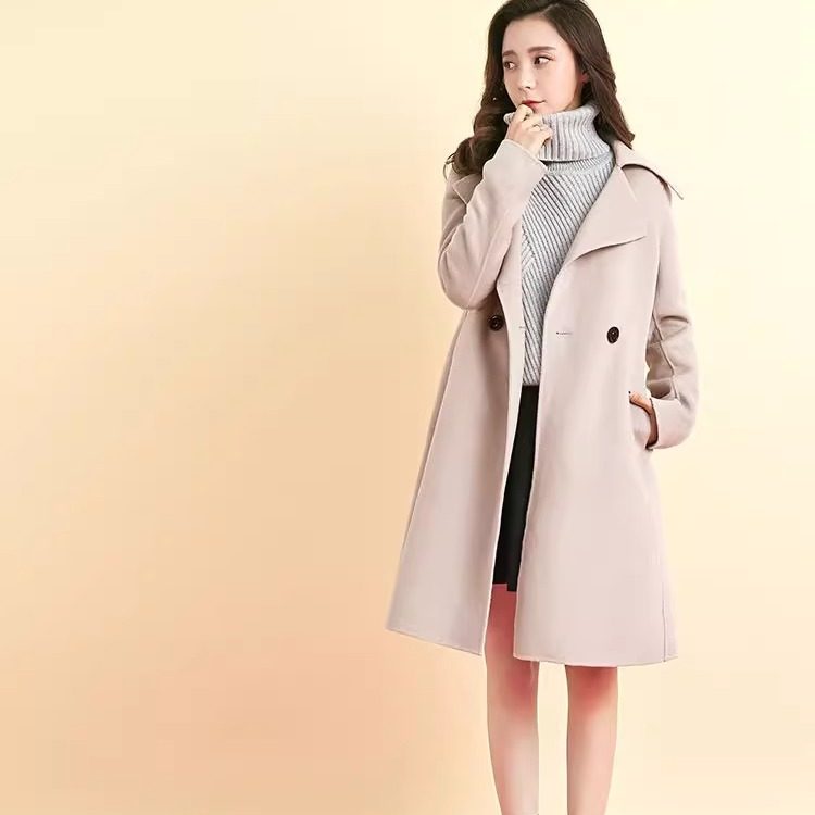 包邮拉系列正品翻领中长款50%羊毛呢外套双面呢大衣女冬 70009298