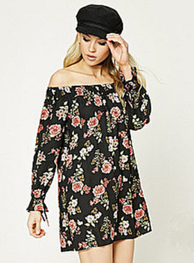 F21专柜正品印花一字领长袖宽松春秋连衣裙 215118